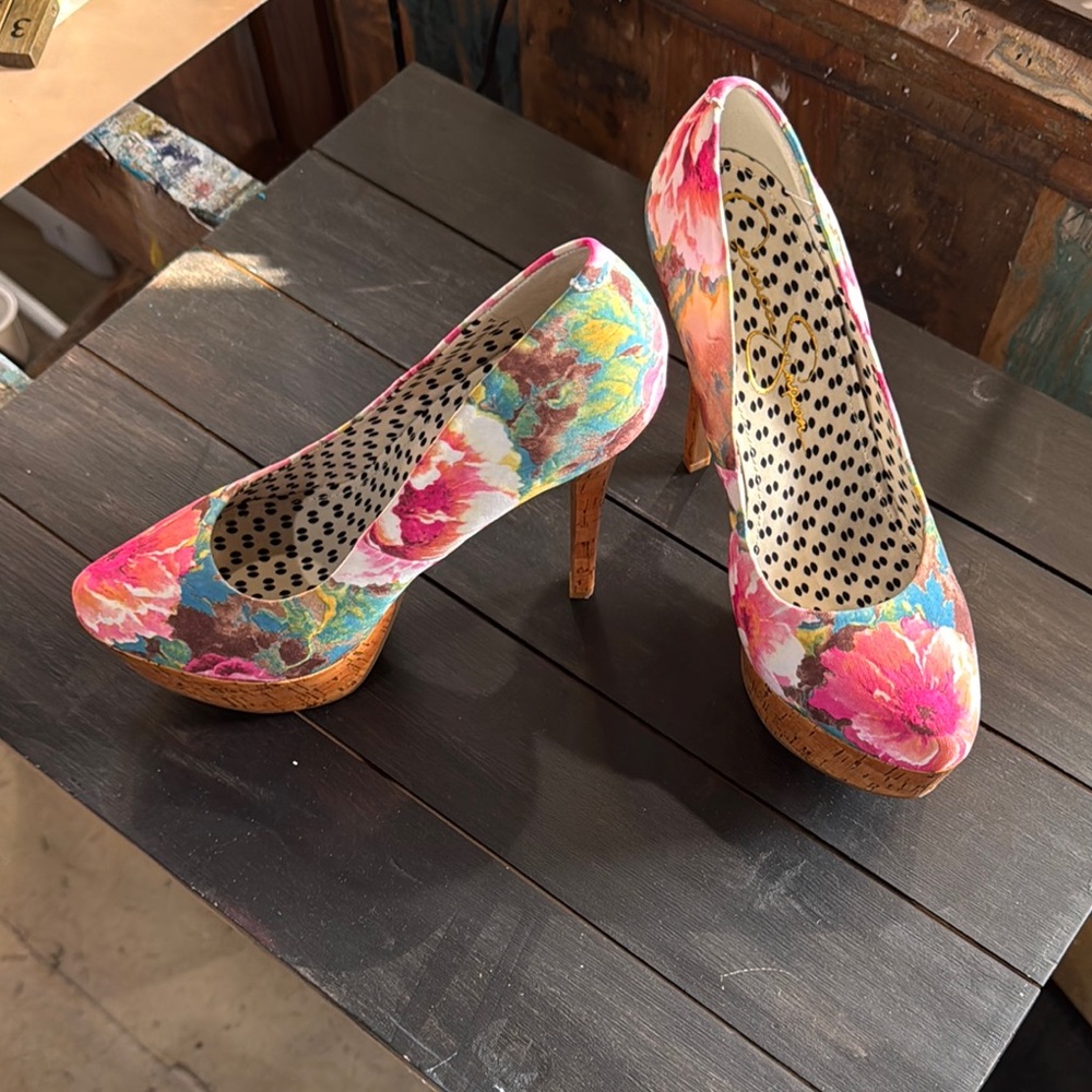 Floral Platform Heels with Cork Detail